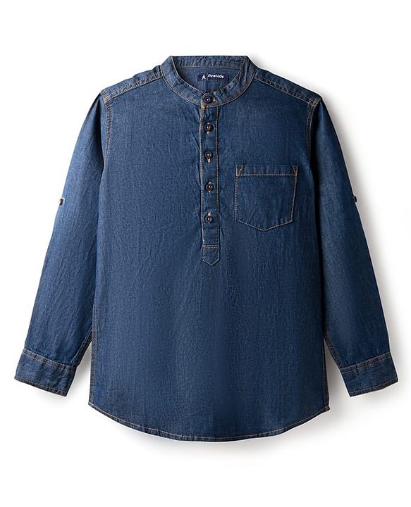 Pine Kids Woven Full Sleeves Washed Mandarin Collar Kurta Style Denim Shirt - Navy Blue