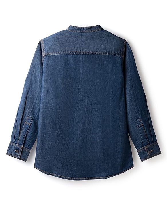 Pine Kids Woven Full Sleeves Washed Mandarin Collar Kurta Style Denim Shirt - Navy Blue