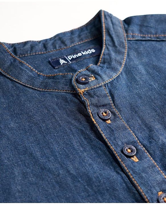 Pine Kids Woven Full Sleeves Washed Mandarin Collar Kurta Style Denim Shirt - Navy Blue