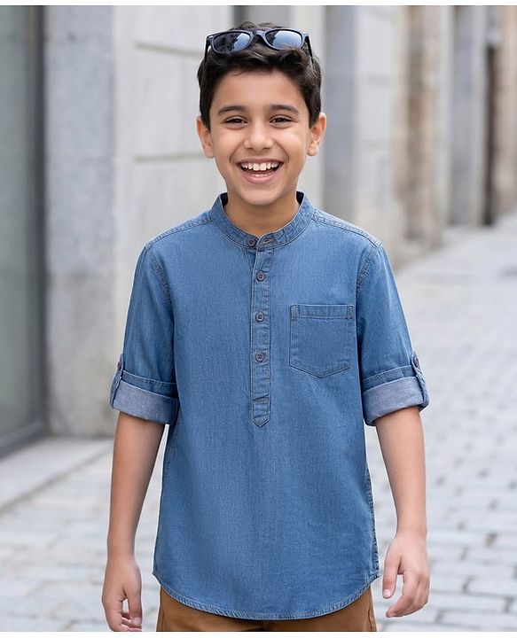 Pine Kids Woven Full Sleeves Washed Mandarin Collar Kurta Style Denim Shirt - Navy Blue