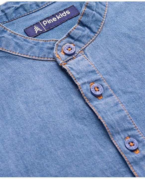 Pine Kids Woven Full Sleeves Washed Mandarin Collar Kurta Style Denim Shirt - Navy Blue