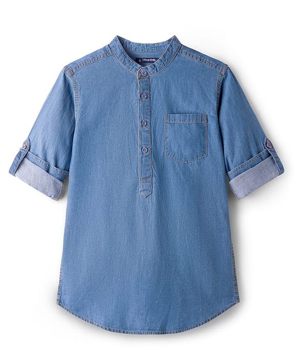 Pine Kids Woven Full Sleeves Washed Mandarin Collar Kurta Style Denim Shirt - Navy Blue