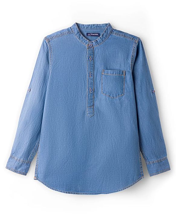 Pine Kids Woven Full Sleeves Washed Mandarin Collar Kurta Style Denim Shirt - Navy Blue