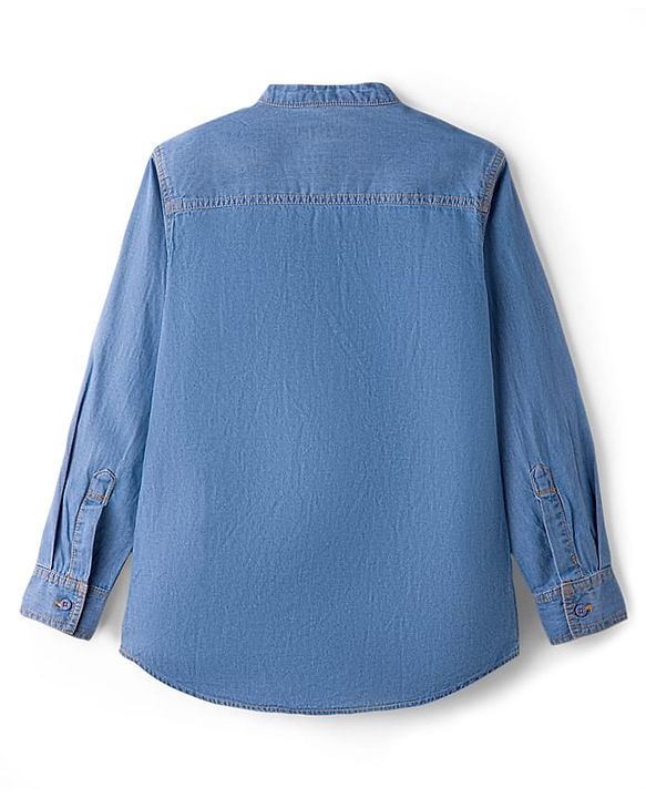 Pine Kids Woven Full Sleeves Washed Mandarin Collar Kurta Style Denim Shirt - Navy Blue