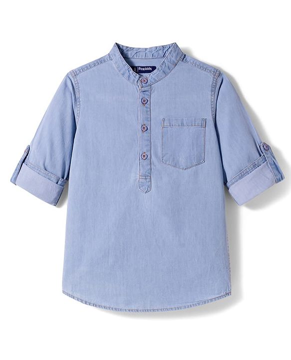 Pine Kids Woven Full Sleeves Washed Mandarin Collar Kurta Style Denim Shirt - Navy Blue