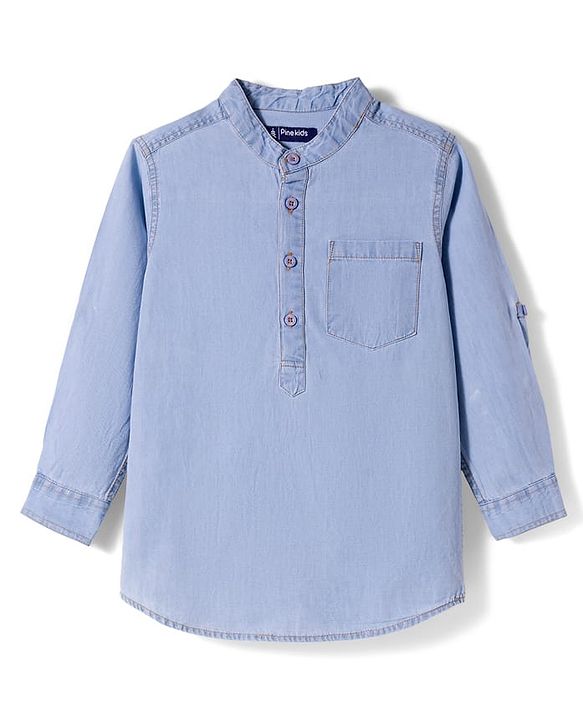 Pine Kids Woven Full Sleeves Washed Mandarin Collar Kurta Style Denim Shirt - Navy Blue