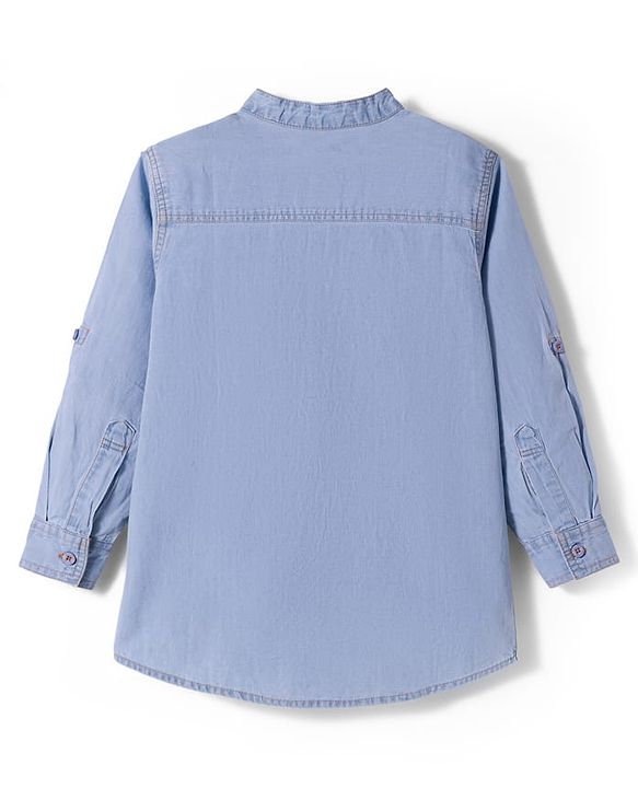 Pine Kids Woven Full Sleeves Washed Mandarin Collar Kurta Style Denim Shirt - Navy Blue