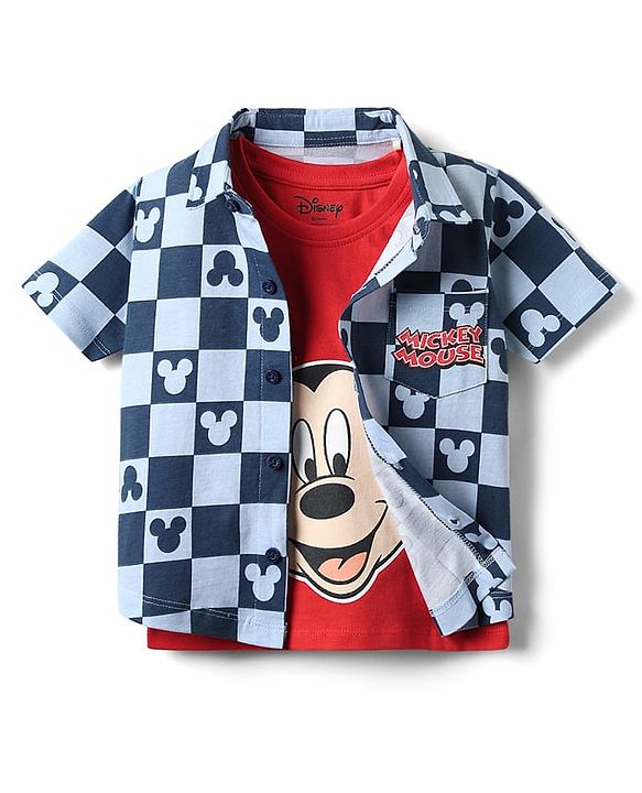 Babyhug Disney Single Jersey Knit Half Sleeves Shirt & Inner T-Shirt With Mickey Mouse Graphics And Pocket Detailing - Red & Navy Blue