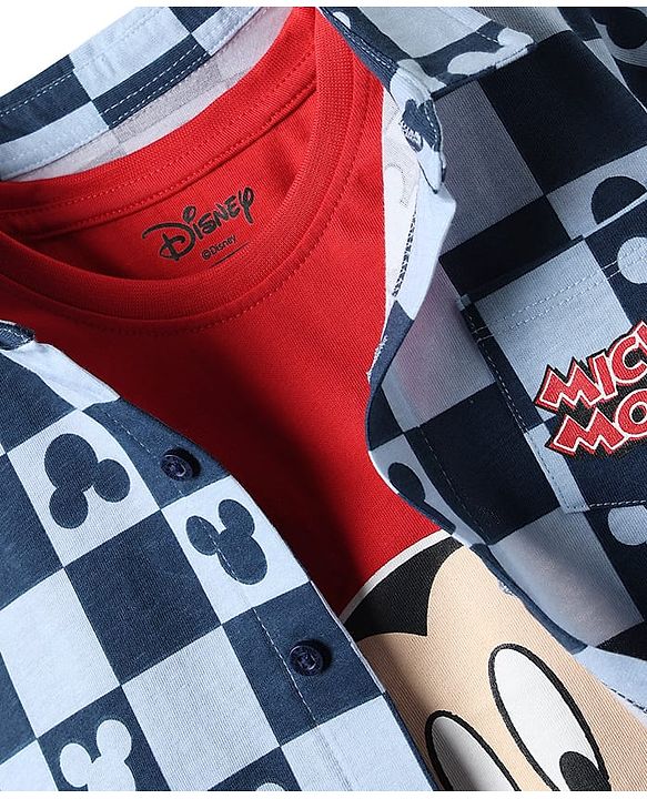 Babyhug Disney Single Jersey Knit Half Sleeves Shirt & Inner T-Shirt With Mickey Mouse Graphics And Pocket Detailing - Red & Navy Blue