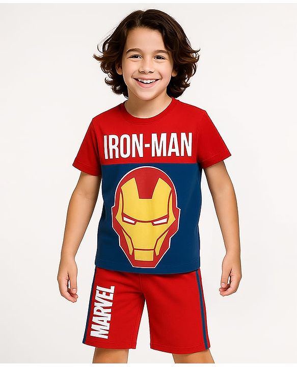 Pine Kids Marvel Single Jersey Knit Half Sleeves T-Shirt & Cut & Sew Short With Avengers Graphics - Red