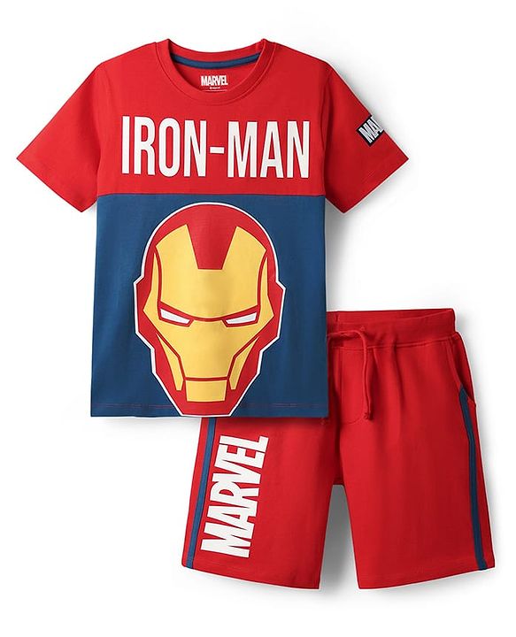 Pine Kids Marvel Single Jersey Knit Half Sleeves T-Shirt & Cut & Sew Short With Avengers Graphics - Red
