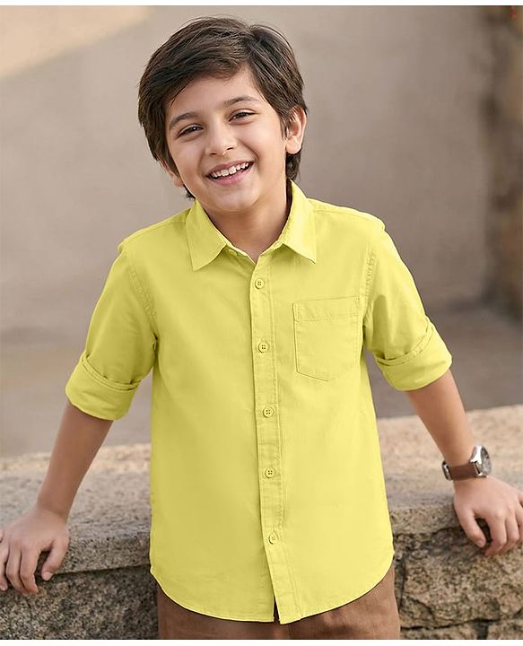 Pine Kids 100% Cotton Full Sleeves Solid Coloured Shirt - Yellow
