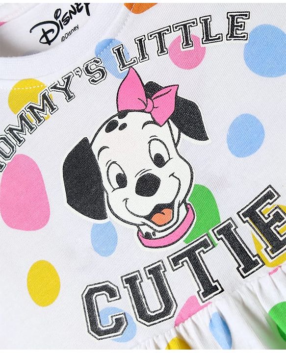 Babyhug Disney Single Jersey Knit Frill Sleeves Frock With 101 Dalmatians Graphics - White