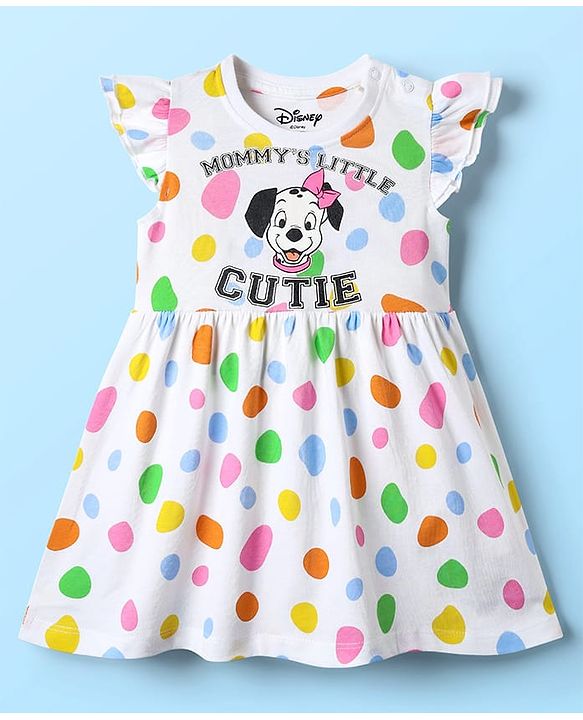 Babyhug Disney Single Jersey Knit Frill Sleeves Frock With 101 Dalmatians Graphics - White