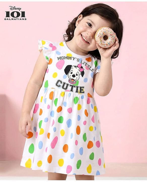 Babyhug Disney Single Jersey Knit Frill Sleeves Frock With 101 Dalmatians Graphics - White
