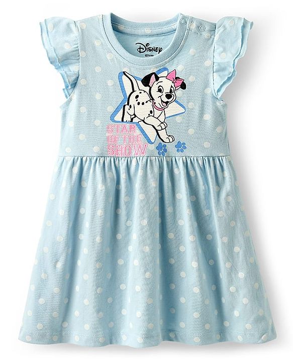 Babyhug Disney Single Jersey Knit Half Sleeves Frock With 101 Dalmatian Graphics And Frill Detailing - Light Blue