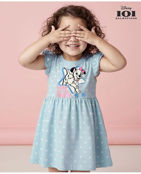 Babyhug Disney Single Jersey Knit Half Sleeves Frock With 101 Dalmatian Graphics And Frill Detailing - Light Blue