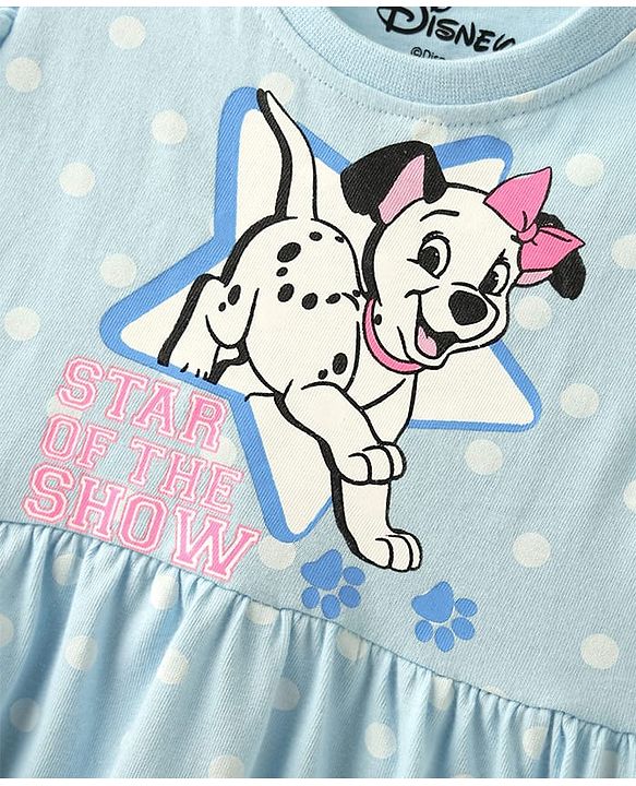 Babyhug Disney Single Jersey Knit Half Sleeves Frock With 101 Dalmatian Graphics And Frill Detailing - Light Blue