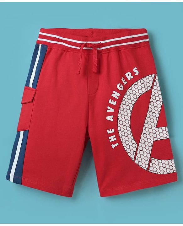 Pine Kids Marvel Single Jersey Knit Half Drop Shoulder Sleeves T-Shirt & Cut & Sew Shorts Set With Avengers Graphics - White & Red