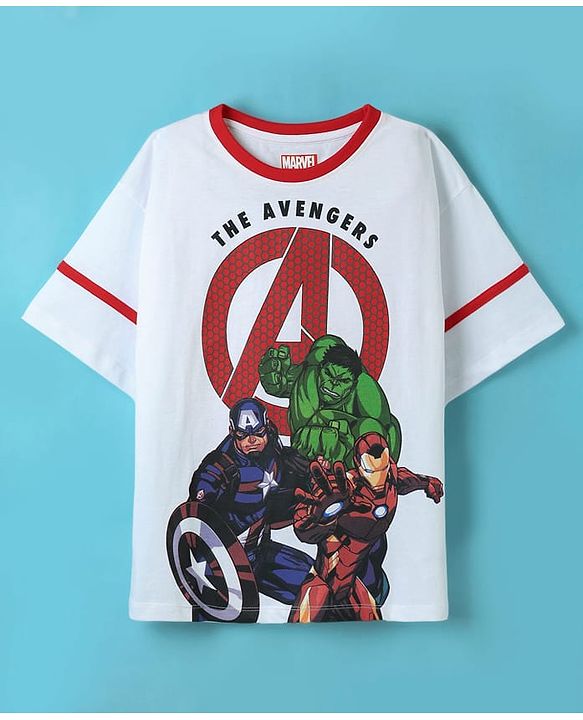 Pine Kids Marvel Single Jersey Knit Half Drop Shoulder Sleeves T-Shirt & Cut & Sew Shorts Set With Avengers Graphics - White & Red