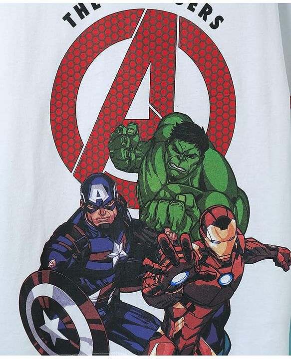 Pine Kids Marvel Single Jersey Knit Half Drop Shoulder Sleeves T-Shirt & Cut & Sew Shorts Set With Avengers Graphics - White & Red