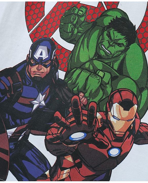 Pine Kids Marvel Single Jersey Knit Half Drop Shoulder Sleeves T-Shirt & Cut & Sew Shorts Set With Avengers Graphics - White & Red