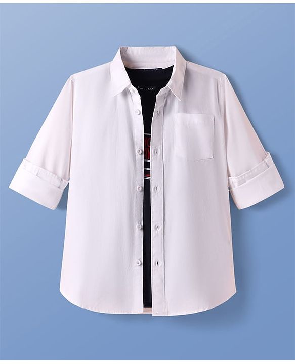 Pine Kids 100% Cotton Full Sleeves Solid Coloured Shirt With Inner Tee - White