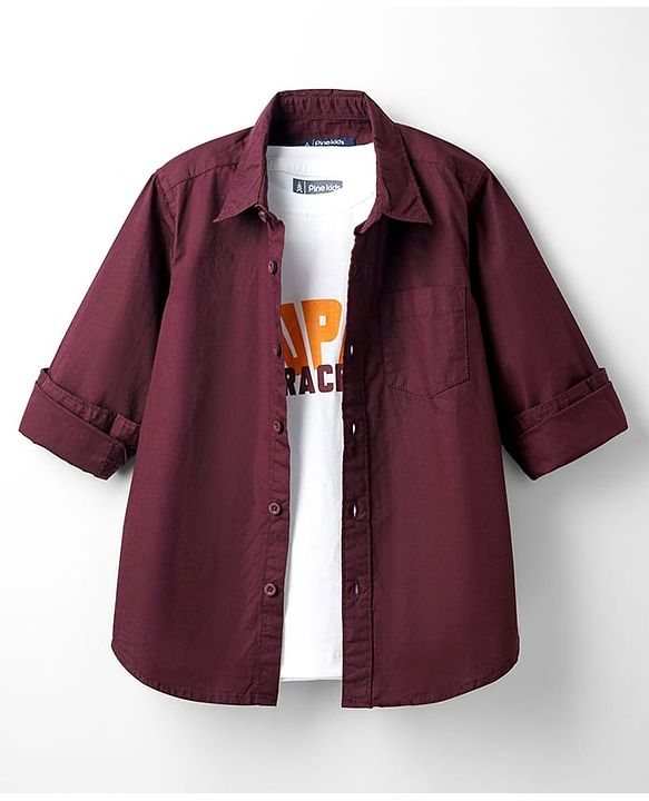 Pine Kids 100% Cotton Full Sleeves Solid Coloured Shirt With Inner Tee - White