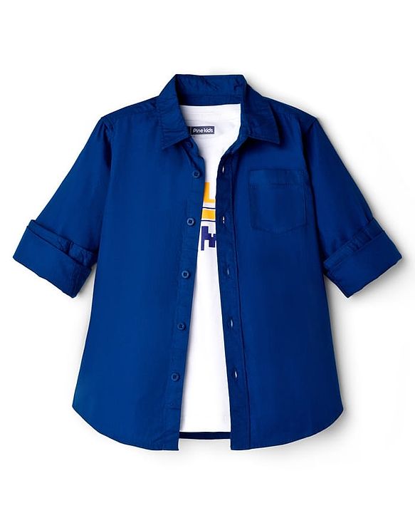 Pine Kids 100% Cotton Full Sleeves Solid Coloured Shirt With Inner Tee - White