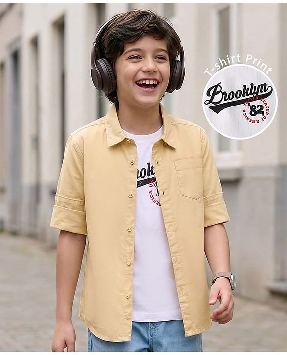 Pine Kids 100% Cotton Full Sleeves Solid Coloured Shirt With Inner Tee - White