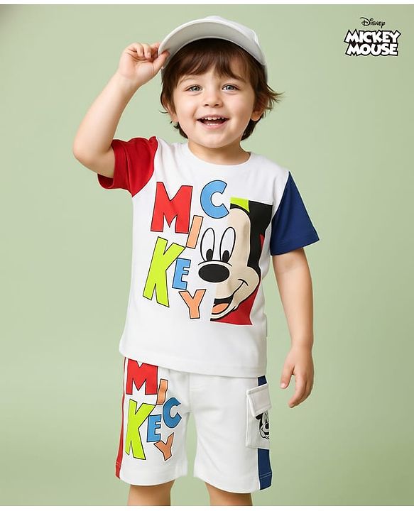 Babyhug Disney Single Jersey Knit  Half Sleeves T-Shirt And Shorts With Mickey Mouse Graphics - White