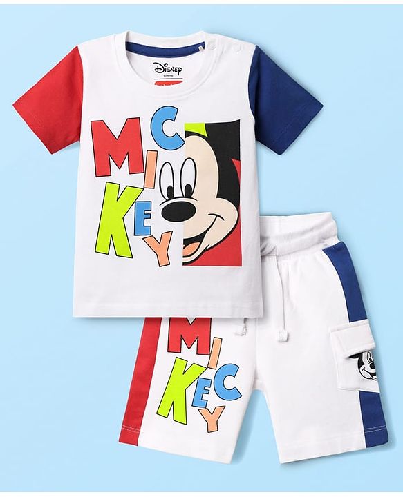 Babyhug Disney Single Jersey Knit  Half Sleeves T-Shirt And Shorts With Mickey Mouse Graphics - White