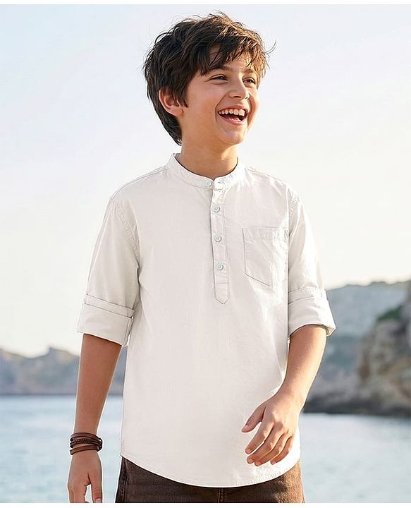 Pine Kids Cotton Woven Full Sleeves Mandarin Collar Solid Kurta Style Shirt - White