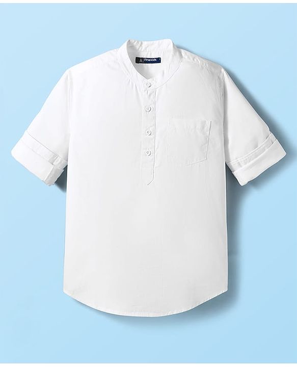 Pine Kids Cotton Woven Full Sleeves Mandarin Collar Solid Kurta Style Shirt - White