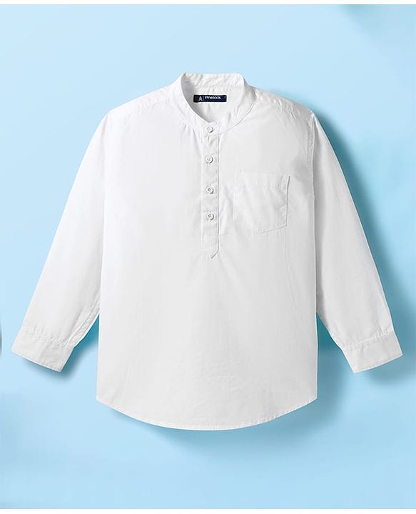 Pine Kids Cotton Woven Full Sleeves Mandarin Collar Solid Kurta Style Shirt - White