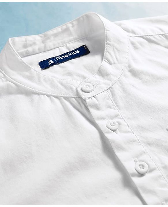 Pine Kids Cotton Woven Full Sleeves Mandarin Collar Solid Kurta Style Shirt - White