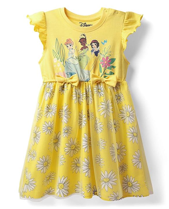 Babyhug Disney Single Jersey Knit Frill Sleeves Frock With Disney Princess Graphics & Bow Applique - Yellow
