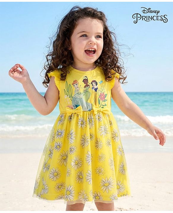 Babyhug Disney Single Jersey Knit Frill Sleeves Frock With Disney Princess Graphics & Bow Applique - Yellow