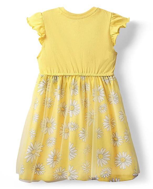 Babyhug Disney Single Jersey Knit Frill Sleeves Frock With Disney Princess Graphics & Bow Applique - Yellow