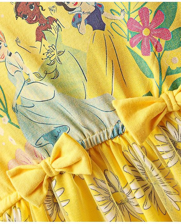 Babyhug Disney Single Jersey Knit Frill Sleeves Frock With Disney Princess Graphics & Bow Applique - Yellow