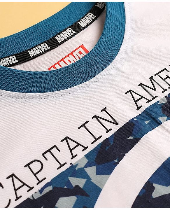 Pine Kids Marvel Single Jersey Knit Half Sleeves Drop Shoulder T-Shirt & Shorts Set with Avengers Graphics & Camouflage Detailing - Blue & White