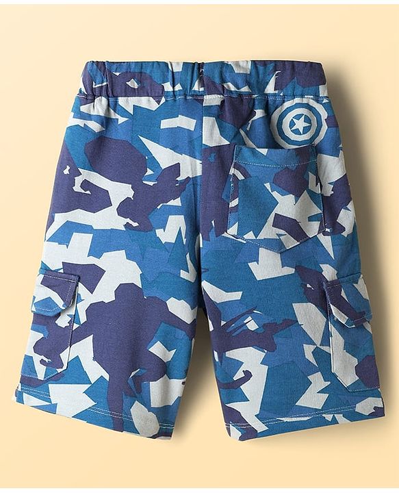 Pine Kids Marvel Single Jersey Knit Half Sleeves Drop Shoulder T-Shirt & Shorts Set with Avengers Graphics & Camouflage Detailing - Blue & White