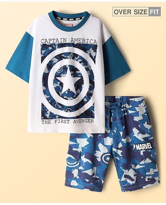 Pine Kids Marvel Single Jersey Knit Half Sleeves Drop Shoulder T-Shirt & Shorts Set with Avengers Graphics & Camouflage Detailing - Blue & White