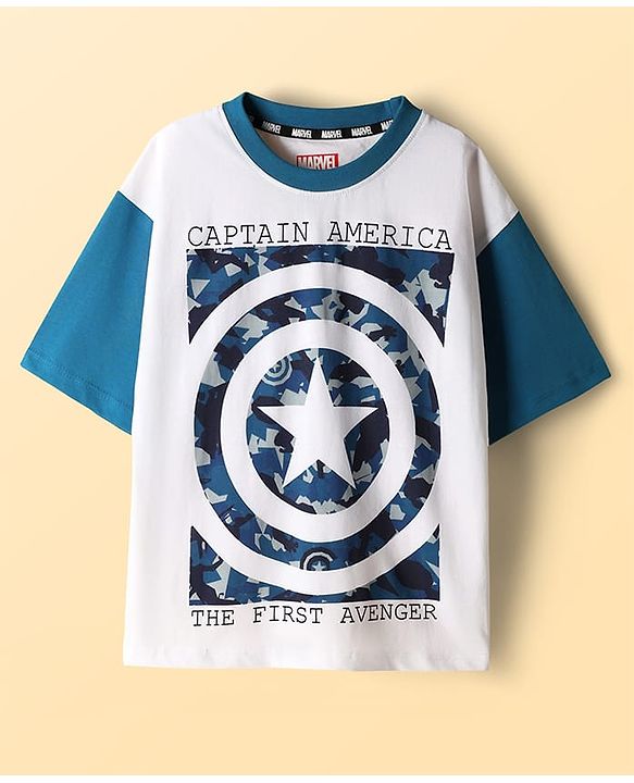 Pine Kids Marvel Single Jersey Knit Half Sleeves Drop Shoulder T-Shirt & Shorts Set with Avengers Graphics & Camouflage Detailing - Blue & White