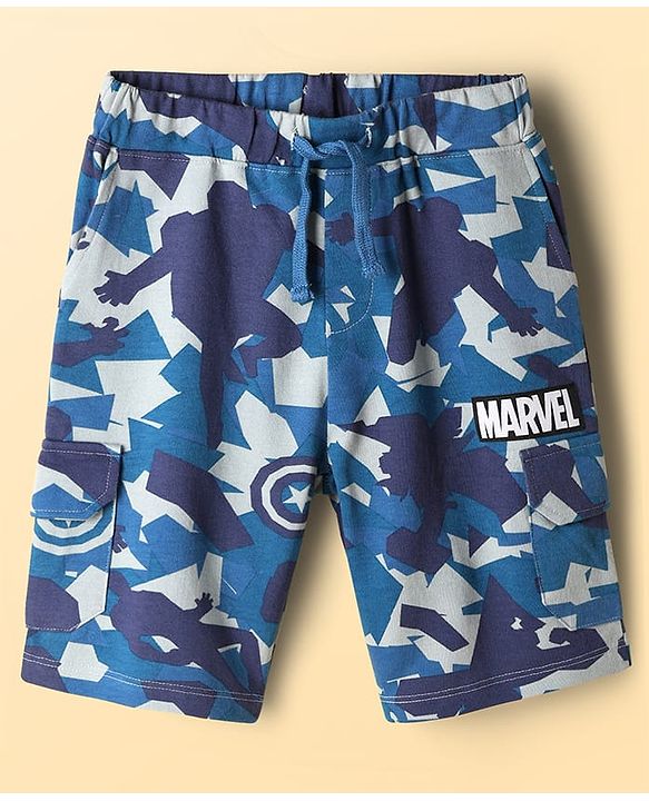 Pine Kids Marvel Single Jersey Knit Half Sleeves Drop Shoulder T-Shirt & Shorts Set with Avengers Graphics & Camouflage Detailing - Blue & White