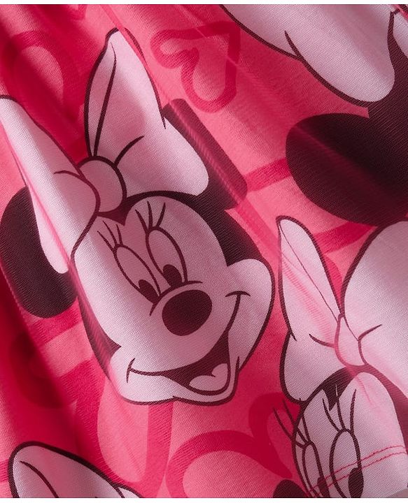 Babyhug Disney Single Jersey Knit Half Sleeves Frock With Minnie Mouse Graphics & Frill Detailing - Dark Pink