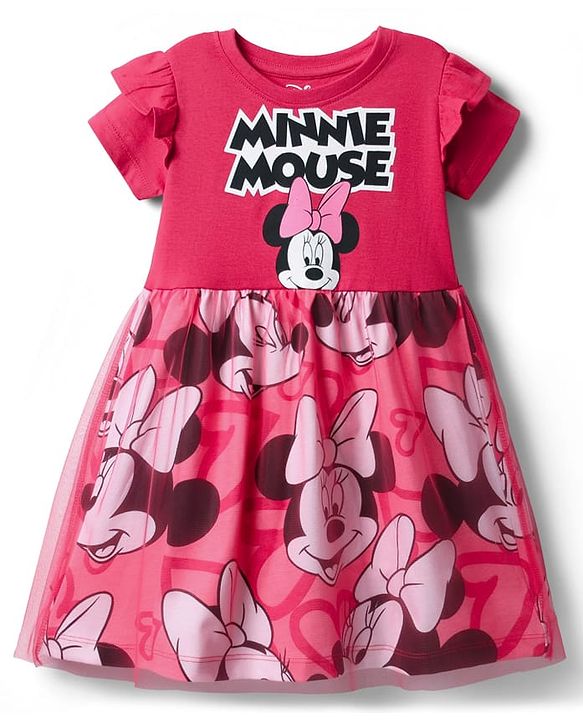 Babyhug Disney Single Jersey Knit Half Sleeves Frock With Minnie Mouse Graphics & Frill Detailing - Dark Pink