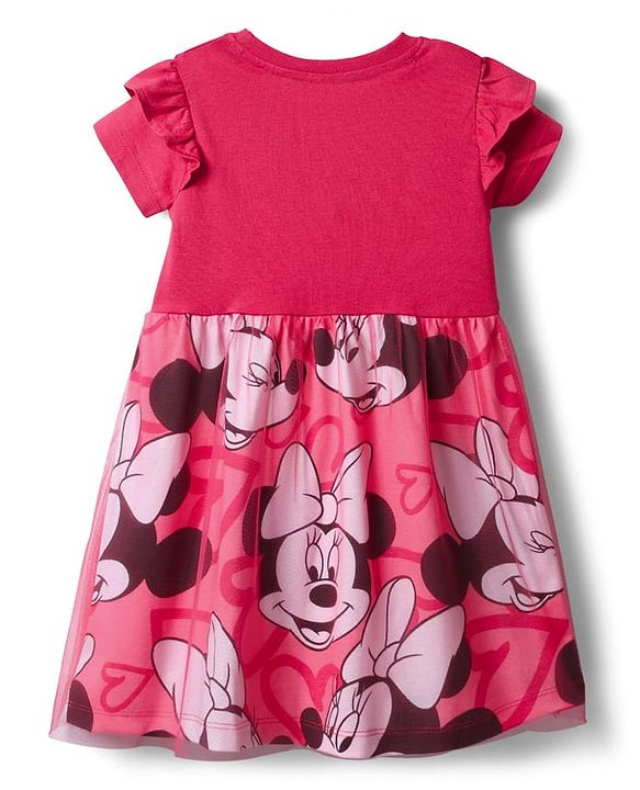 Babyhug Disney Single Jersey Knit Half Sleeves Frock With Minnie Mouse Graphics & Frill Detailing - Dark Pink