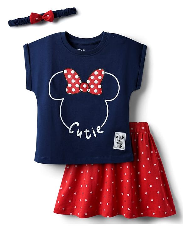 Babyhug Disney Single Jersey Knit Half Sleeves Top & Skirt With Headband & Minnie Mouse Graphics & Badge Detailing - Navy Blue & Red