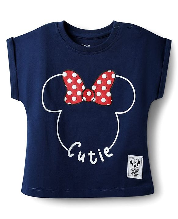 Babyhug Disney Single Jersey Knit Half Sleeves Top & Skirt With Headband & Minnie Mouse Graphics & Badge Detailing - Navy Blue & Red